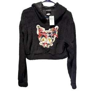 NWT Hit Topic Kuromi Lace Ribbon Cropped Fuzzy Fleece Hooded Pullover Size XL